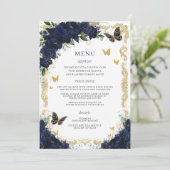 Marine Blauw Bloemen Gouden Vlinders Quinceanera Programmakaart (Staand voorkant)
