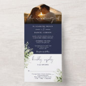 Marine Blauw Bloemen Groen Bruiloft Foto All In One Uitnodiging (Binnen)