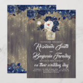 Marine Blauw Bloemen Mason Jar Rustieke Bruiloft Kaart (Voorkant / Achterkant)