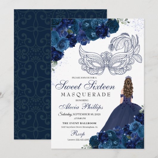 Marine Blauw Bloemen Masquerade Zoet 16 Kaart (Voorkant / Achterkant)