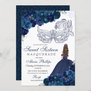 Marine Blauw Bloemen Masquerade Zoet 16 Kaart