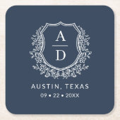 Marine Blauw Bloemen Monogram Trouwkam Modern Kartonnen Onderzetters (Voorkant)