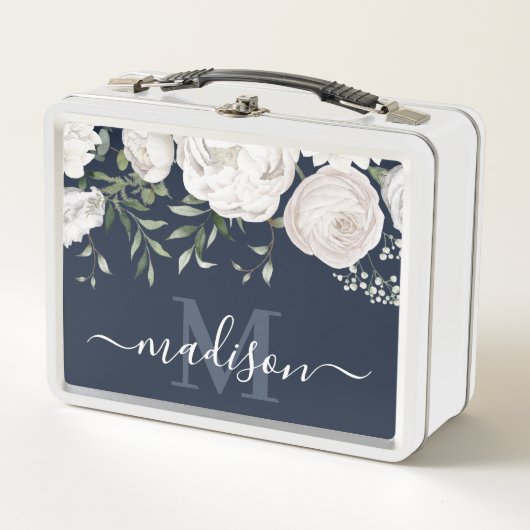 Marine Blauw Bloemen Naam Monogram (Voorkant)