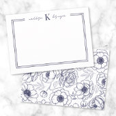 Marine Blauw Bloemen Naam Monogram Notitiekaartje
