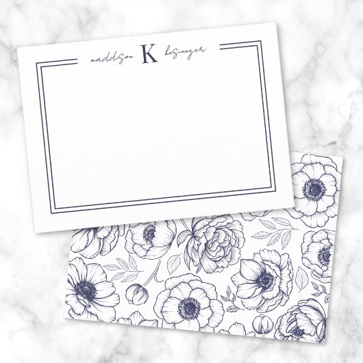 Marine Blauw Bloemen Naam Monogram Notitiekaartje