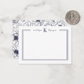 Marine Blauw Bloemen Naam Monogram Notitiekaartje (Voorkant / Achterkant in situ)