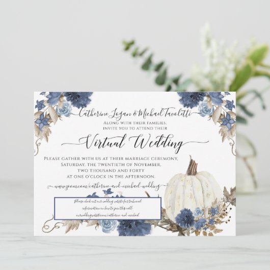 Marine Blauw Bloemen Pompoen Rustieke Virtuele Bru Kaart (Staand voorkant)