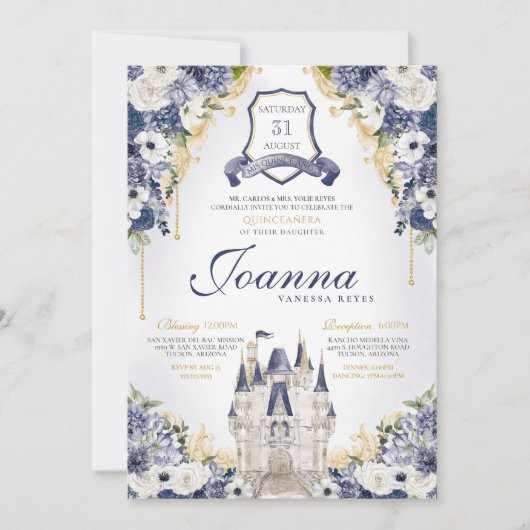 Marine Blauw Bloemen Prinses Kasteel Royal Quince Kaart (Voorkant)