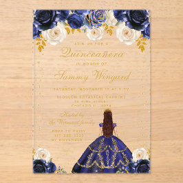 Marine Blauw Bloemen Prinses Quinceañera Acryl Uitnodigingen