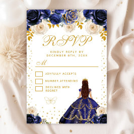 Marine Blauw Bloemen Prinses Quinceañera RSVP Kaartje