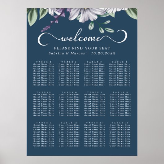 Marine Blauw Bloemen Script Bruiloft Zitkaarten Poster (Voorkant)