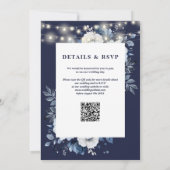 Marine Blauw Bloemen String Lights QR Code Bruilof Kaart (Achterkant)