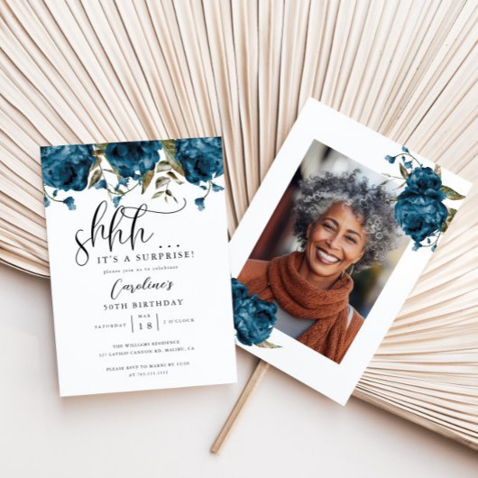 Marine Blauw Bloemen Verrassing Verjaardagsfeest Kaart