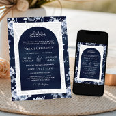 Marine Blauw Bloemen Wit Kant Moslim Bruiloft Kaart