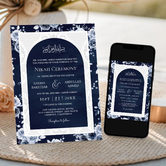 Marine Blauw Bloemen Wit Kant Moslim Bruiloft Kaart