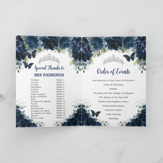 Marine Blauw Bloemen Zilver Quinceañera Orde van h Programma (Binnen)