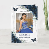 Marine Blauw Bloemen Zilver Quinceañera Orde van h Programma (Voorkant)