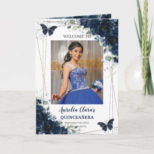 Marine Blauw Bloemen Zilver Quinceañera Orde van h Programma (Voorkant)