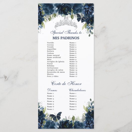 Marine Blauw Bloemen Zilver Quinceañera Orde van h Programmakaart (Achterkant)