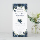 Marine Blauw Bloemen Zilver Quinceañera Orde van h Programmakaart (Staand voorkant)