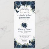 Marine Blauw Bloemen Zilver Quinceañera Orde van h Programmakaart (Voorkant)