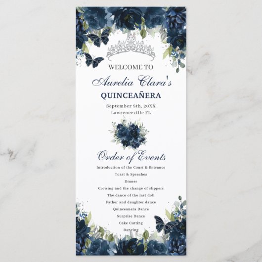 Marine Blauw Bloemen Zilver Quinceañera Orde van h Programmakaart (Voorkant)