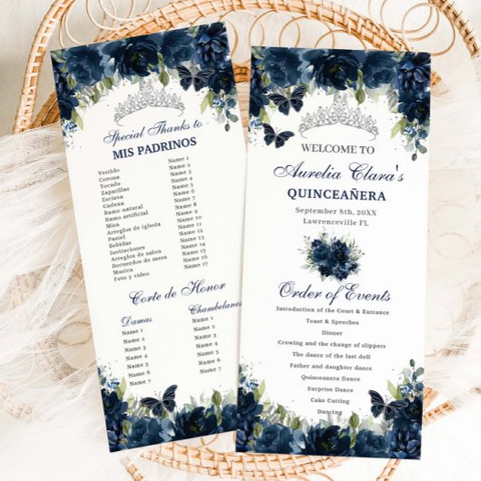 Marine Blauw Bloemen Zilver Quinceañera Orde van h Programmakaart
