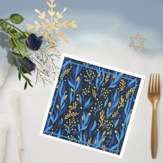 Marine Blauw Bloempatroon Happy Hanukkah Servet