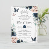 Marine Blauw Blush Bloemen Vlinders Quinceañera Kaart (Staand voorkant)