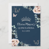 Marine Blauw Blush Bloemen Vlinders Quinceañera Kaart (Achterkant)