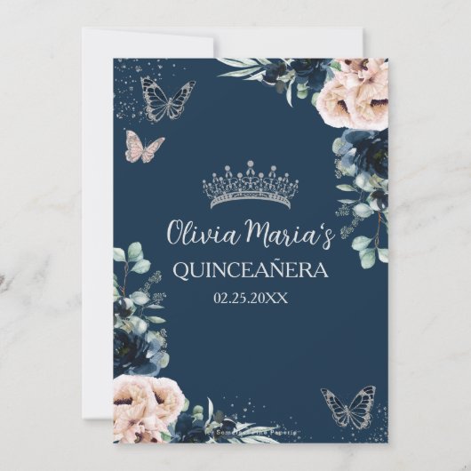 Marine Blauw Blush Bloemen Vlinders Quinceañera Kaart (Achterkant)