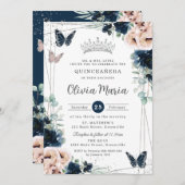 Marine Blauw Blush Bloemen Vlinders Quinceañera Kaart (Voorkant / Achterkant)