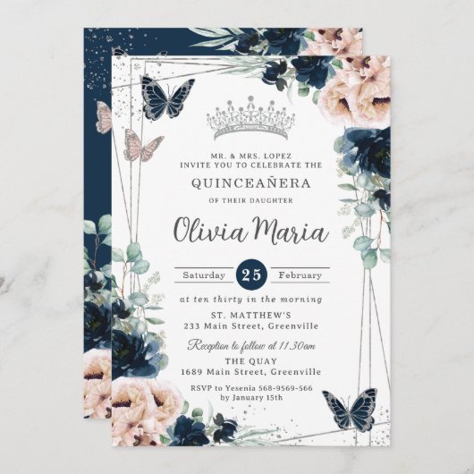 Marine Blauw Blush Bloemen Vlinders Quinceañera Kaart (Voorkant / Achterkant)
