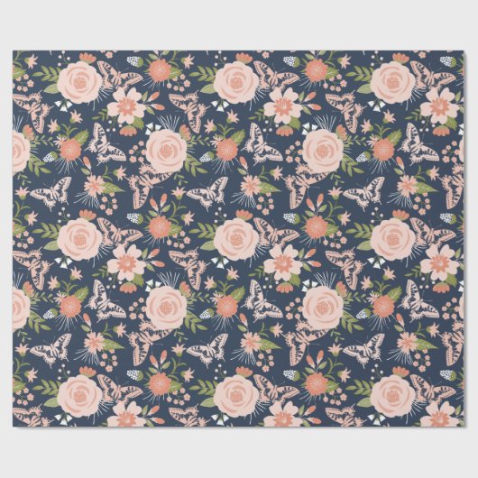 Marine Blauw & Blush Botanische Bloemen Verpakking Cadeaupapier (Vlak)
