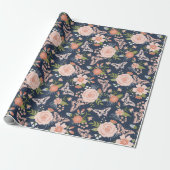 Marine Blauw & Blush Botanische Bloemen Verpakking Cadeaupapier (Uitgerold)