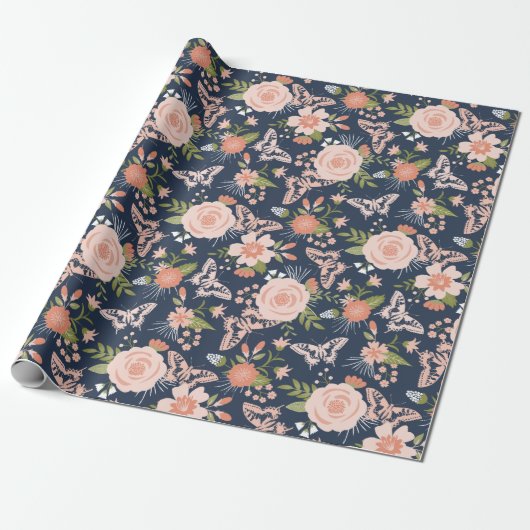 Marine Blauw & Blush Botanische Bloemen Verpakking Cadeaupapier (Uitgerold)