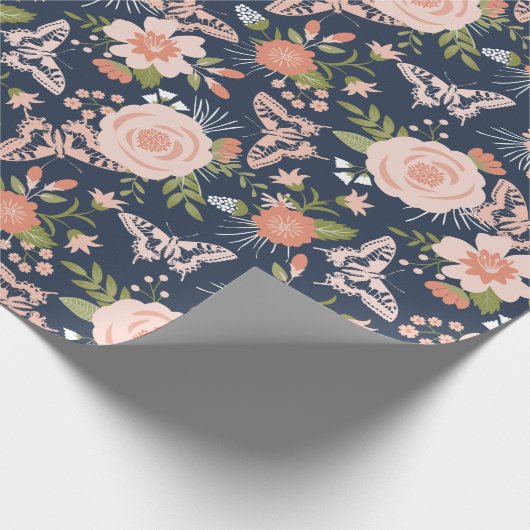 Marine Blauw & Blush Botanische Bloemen Verpakking Cadeaupapier (Hoek)