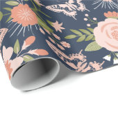 Marine Blauw & Blush Botanische Bloemen Verpakking Cadeaupapier (Rol Hoek)