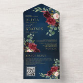 Marine Blauw Blush Bourgondië Goud Botanische Brui All In One Uitnodiging (Binnen)