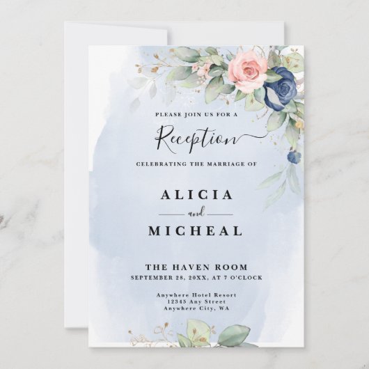Marine Blauw & Blush Roze Bloem Huwelijk Receptie Kaart (Voorkant)