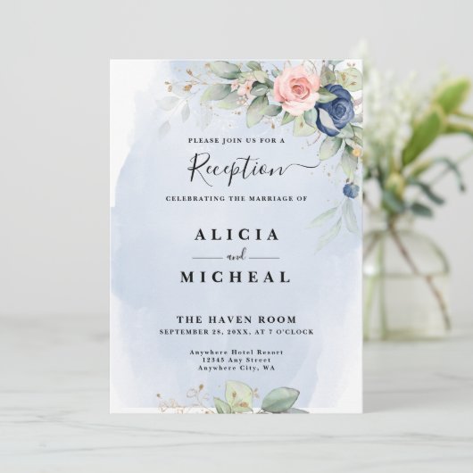 Marine Blauw & Blush Roze Bloem Huwelijk Receptie Kaart (Staand voorkant)