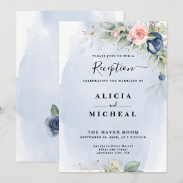 Marine Blauw & Blush Roze Bloem Huwelijk Receptie Kaart