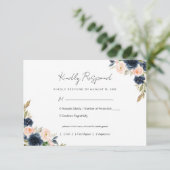 Marine Blauw & Blush Roze Bloemen Bruiloft RSVP (Staand voorkant)