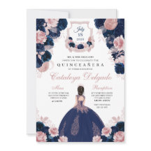 Marine Blauw & Blush Roze Bloemen Elegant Quinceañ