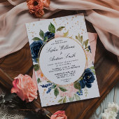 Marine Blauw & Blush Roze Bloemen Krans Trouwen Kaart