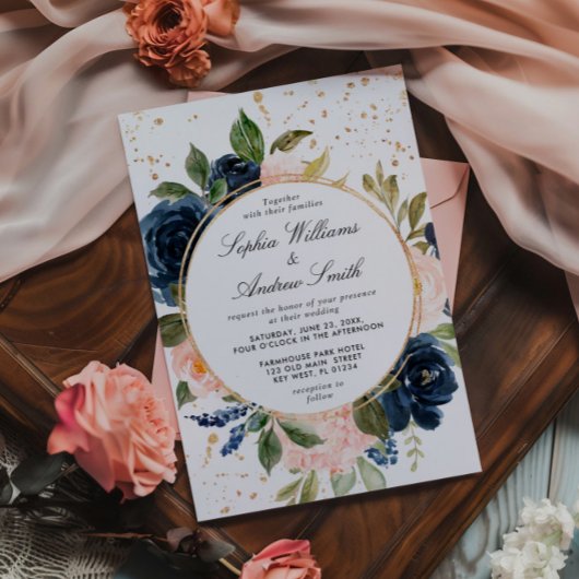 Marine Blauw & Blush Roze Bloemen Krans Trouwen Kaart