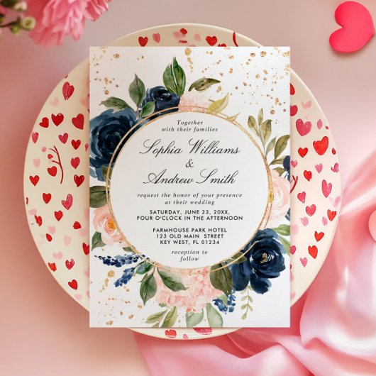 Marine Blauw & Blush Roze Bloemen Krans Trouwen Kaart