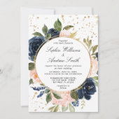 Marine Blauw & Blush Roze Bloemen Krans Trouwen Kaart (Voorkant)