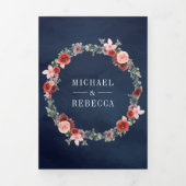 Marine Blauw Blush Roze Bourgondië Bloemen Bruilof Drieluik Uitnodiging (Cover)