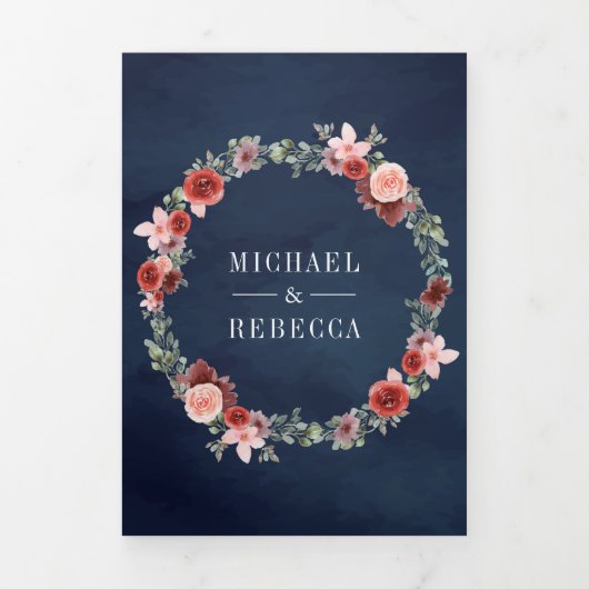 Marine Blauw Blush Roze Bourgondië Bloemen Bruilof Drieluik Uitnodiging (Cover)